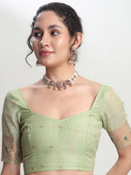 Janasya Light Green Linen Blend Kalamkari Jacquard Saree - Distacart