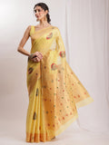 Janasya Yellow Linen Blend Kalamkari Jacquard Saree - Distacart
