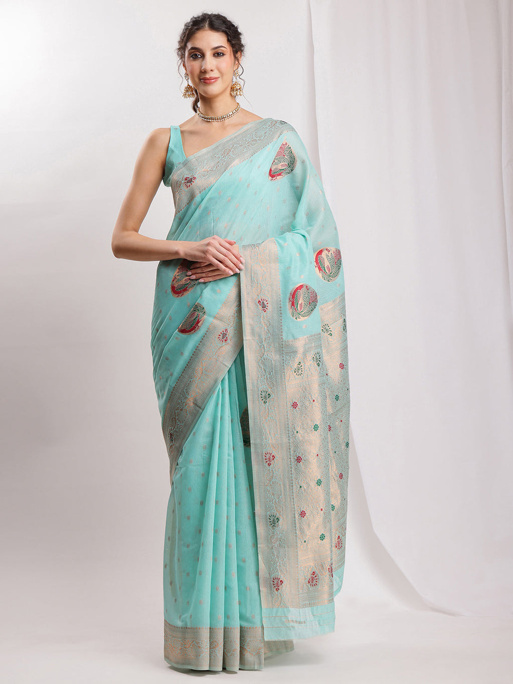 Janasya Sea Blue Linen Blend Kalamkari Jacquard Saree - Distacart