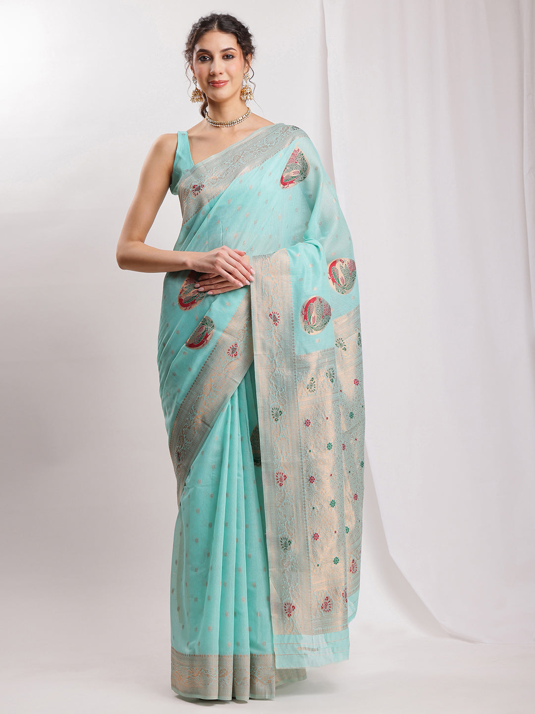 Janasya Sea Blue Linen Blend Kalamkari Jacquard Saree - Distacart
