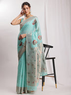 Janasya Sea Blue Linen Blend Kalamkari Jacquard Saree - Distacart