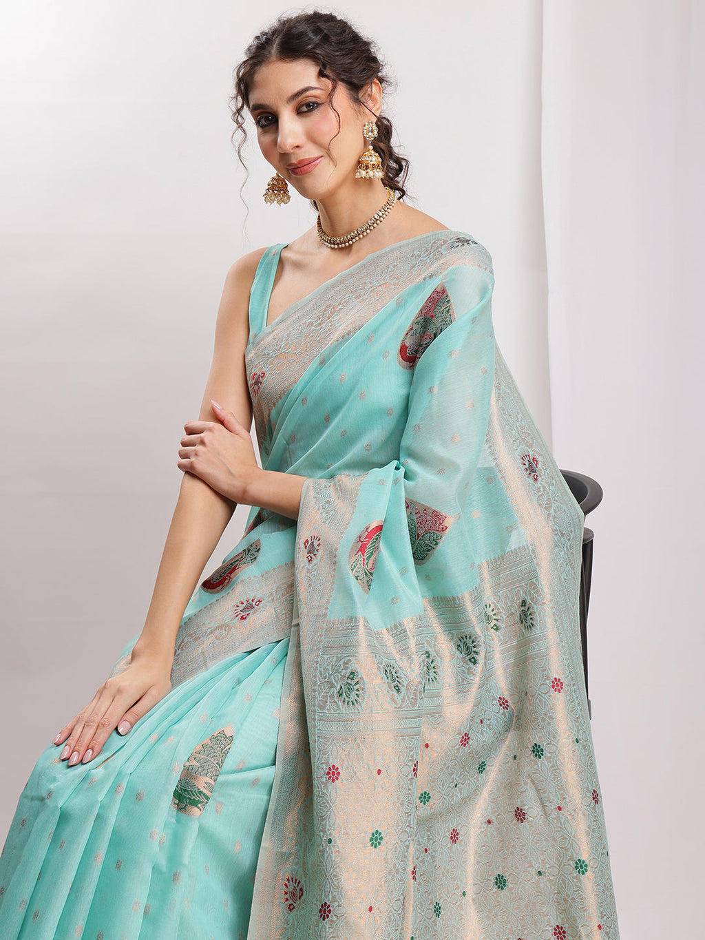 Janasya Sea Blue Linen Blend Kalamkari Jacquard Saree - Distacart