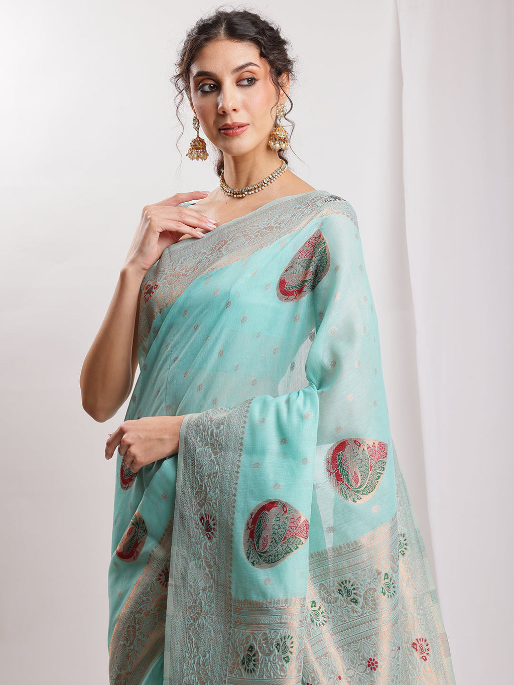 Janasya Sea Blue Linen Blend Kalamkari Jacquard Saree - Distacart