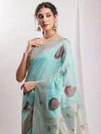 Janasya Sea Blue Linen Blend Kalamkari Jacquard Saree - Distacart