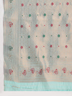 Janasya Sea Blue Linen Blend Kalamkari Jacquard Saree - Distacart