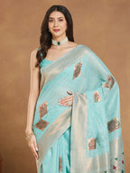 Janasya Sea Green Linen Blend Ethnic Motifs Jacquard Saree - Distacart