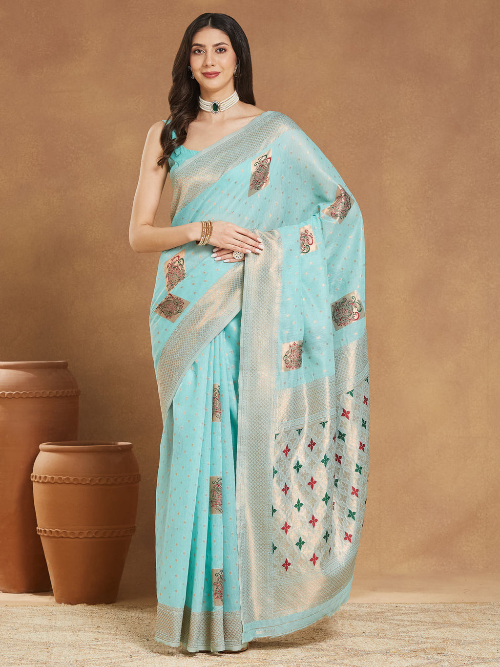 Janasya Sea Green Linen Blend Ethnic Motifs Jacquard Saree - Distacart