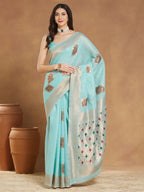 Janasya Sea Green Linen Blend Ethnic Motifs Jacquard Saree - Distacart