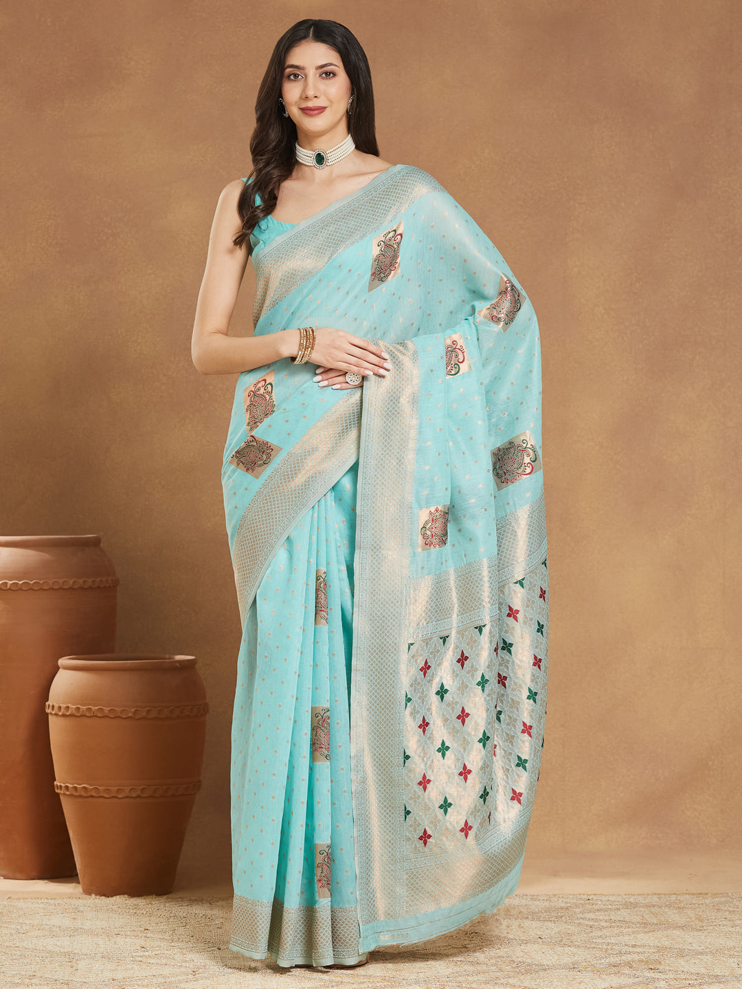 Janasya Sea Green Linen Blend Ethnic Motifs Jacquard Saree - Distacart