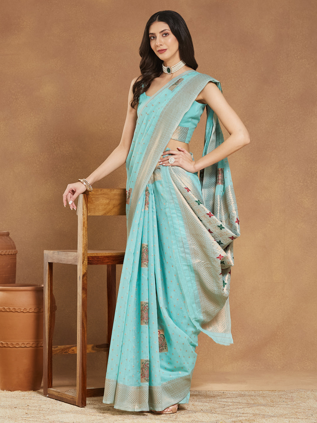 Janasya Sea Green Linen Blend Ethnic Motifs Jacquard Saree - Distacart