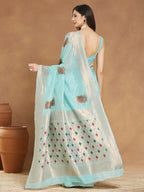 Janasya Sea Green Linen Blend Ethnic Motifs Jacquard Saree - Distacart