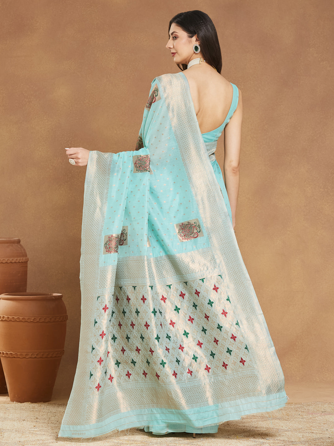 Janasya Sea Green Linen Blend Ethnic Motifs Jacquard Saree - Distacart