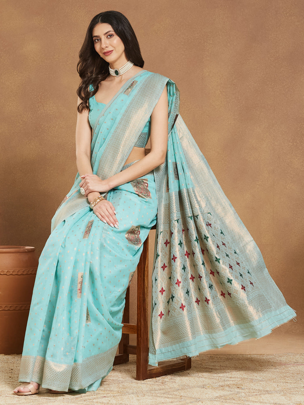 Janasya Sea Green Linen Blend Ethnic Motifs Jacquard Saree - Distacart