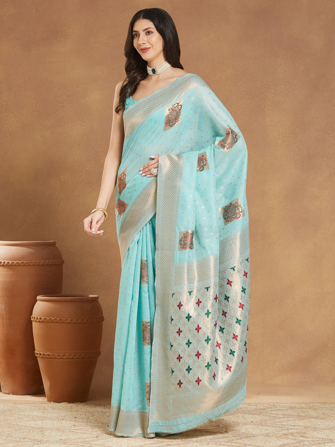 Janasya Sea Green Linen Blend Ethnic Motifs Jacquard Saree - Distacart