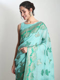 Janasya Sea Green Linen Blend Floral Jacquard Saree - Distacart