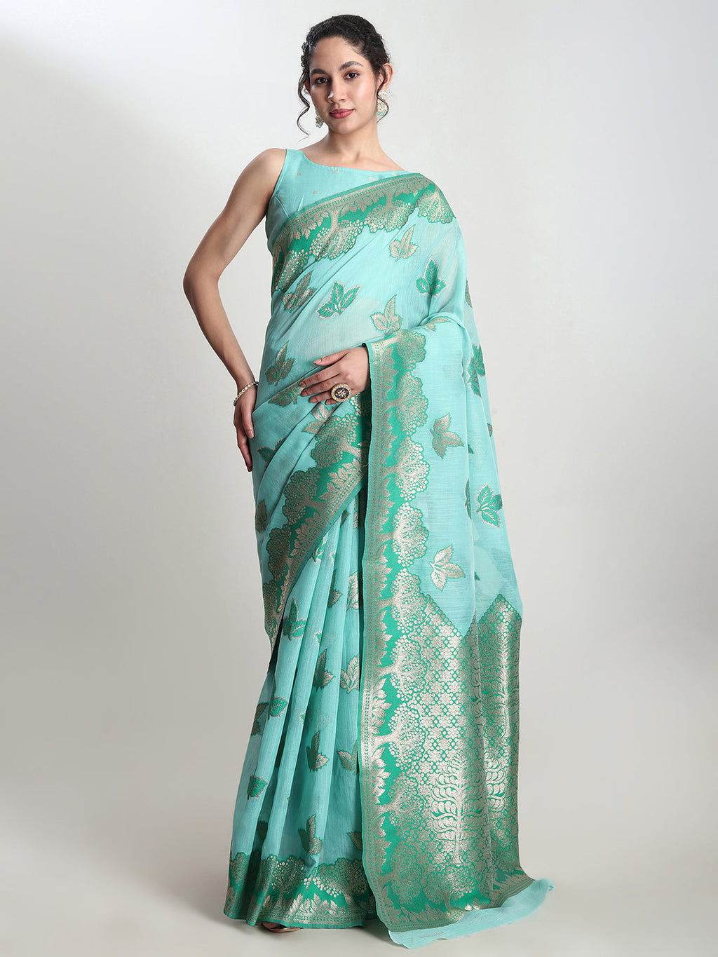 Janasya Sea Green Linen Blend Floral Jacquard Saree - Distacart