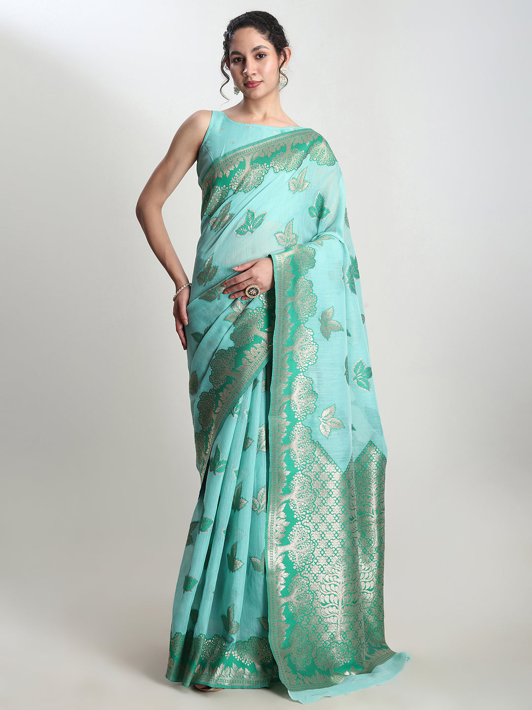 Janasya Sea Green Linen Blend Floral Jacquard Saree - Distacart