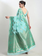 Janasya Sea Green Linen Blend Floral Jacquard Saree - Distacart