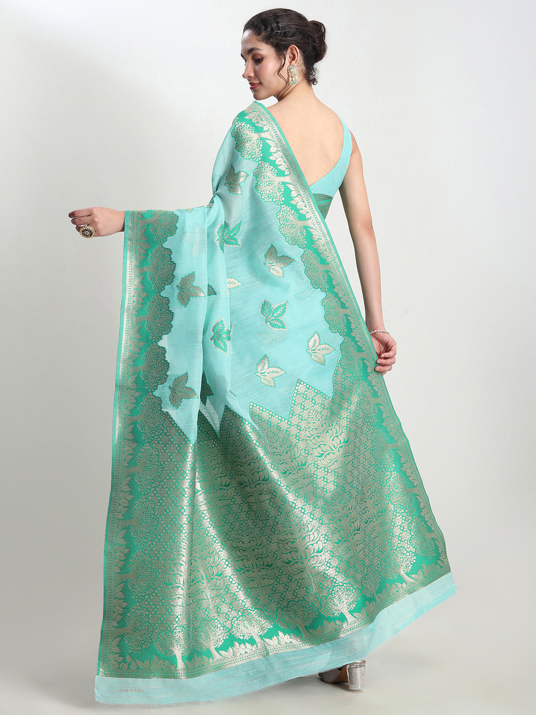 Janasya Sea Green Linen Blend Floral Jacquard Saree - Distacart