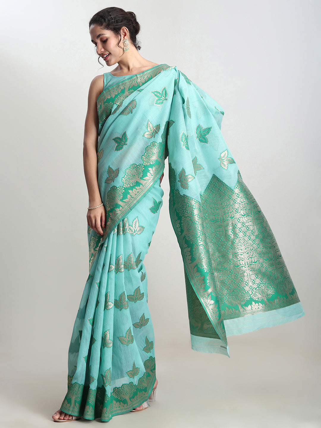 Janasya Sea Green Linen Blend Floral Jacquard Saree - Distacart