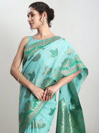 Janasya Sea Green Linen Blend Floral Jacquard Saree - Distacart