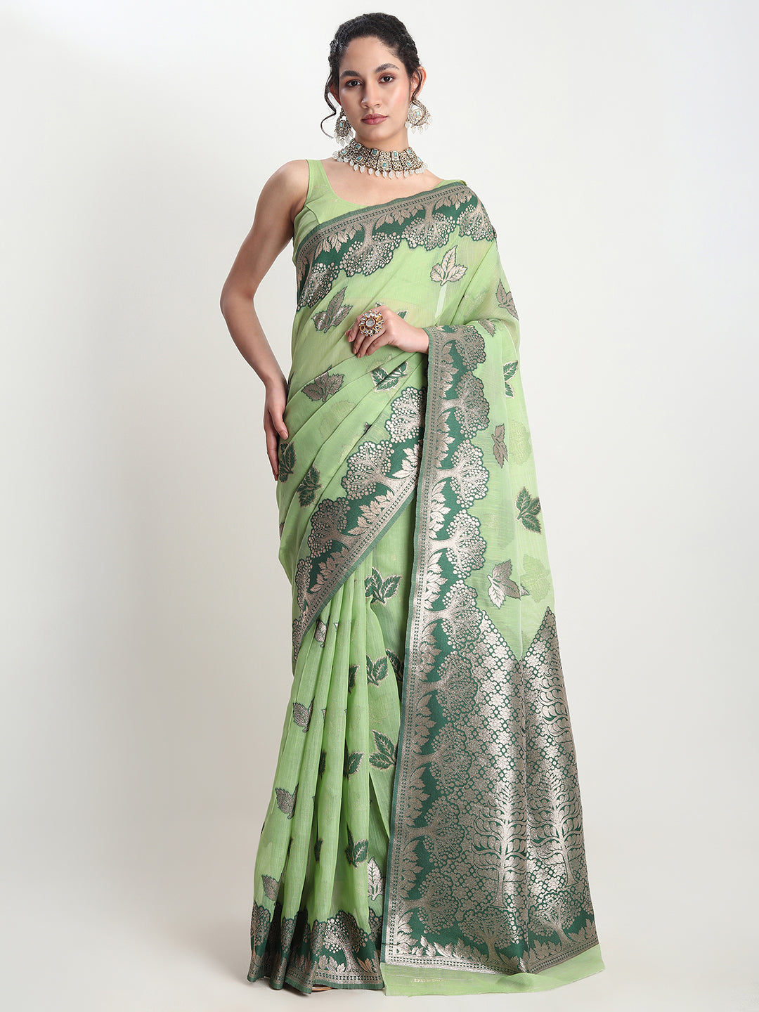 Janasya Light Green Linen Blend Floral Jacquard Saree - Distacart