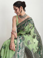 Janasya Light Green Linen Blend Floral Jacquard Saree - Distacart