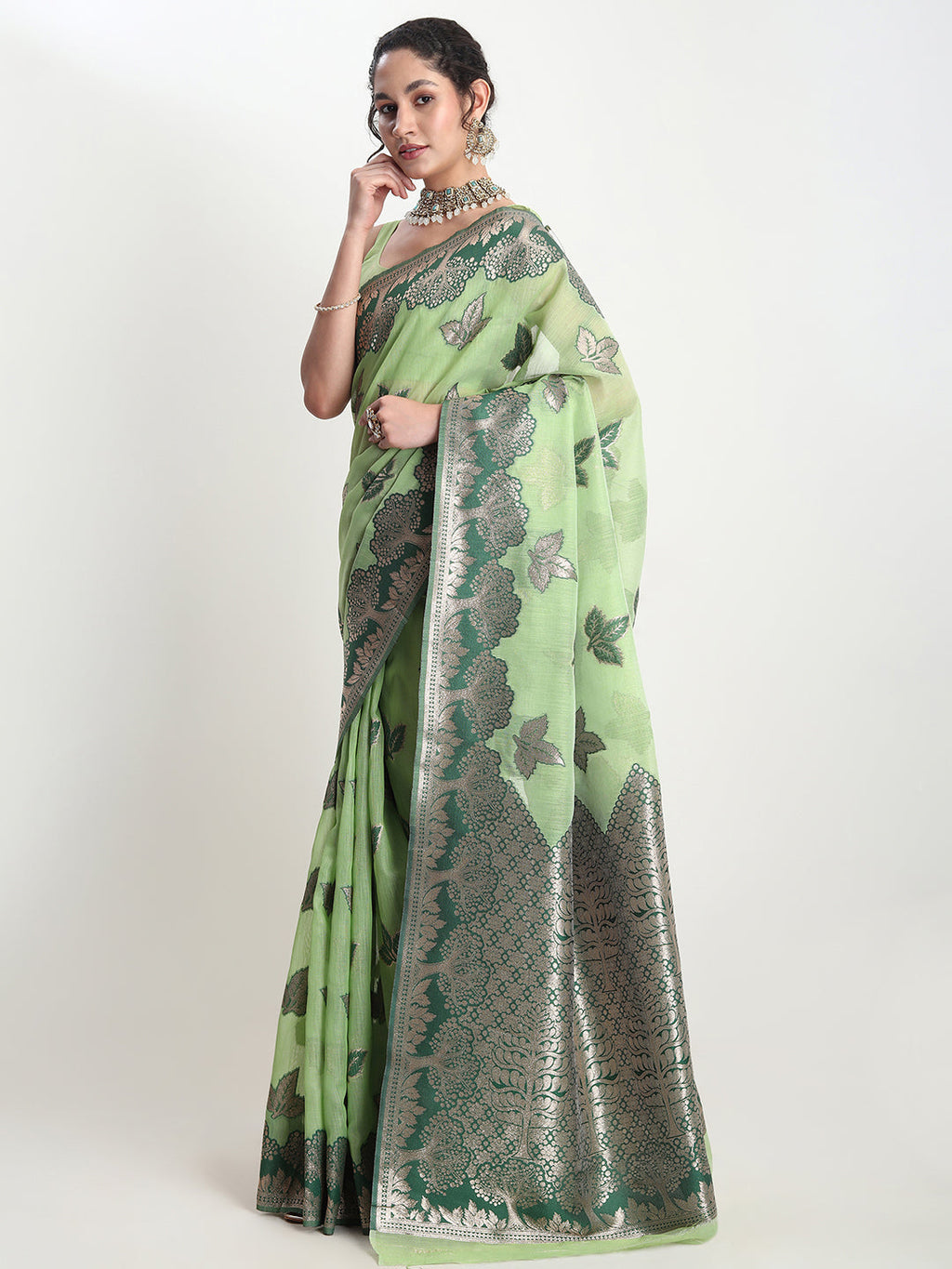 Janasya Light Green Linen Blend Floral Jacquard Saree - Distacart