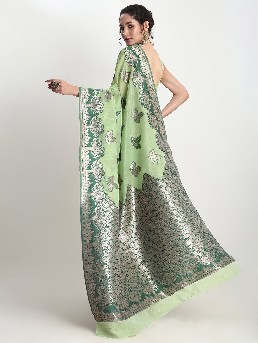 Janasya Light Green Linen Blend Floral Jacquard Saree - Distacart
