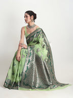 Janasya Light Green Linen Blend Floral Jacquard Saree - Distacart