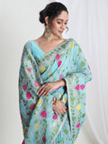 Janasya Sky Blue Silk Blend Floral Jacquard Saree - Distacart