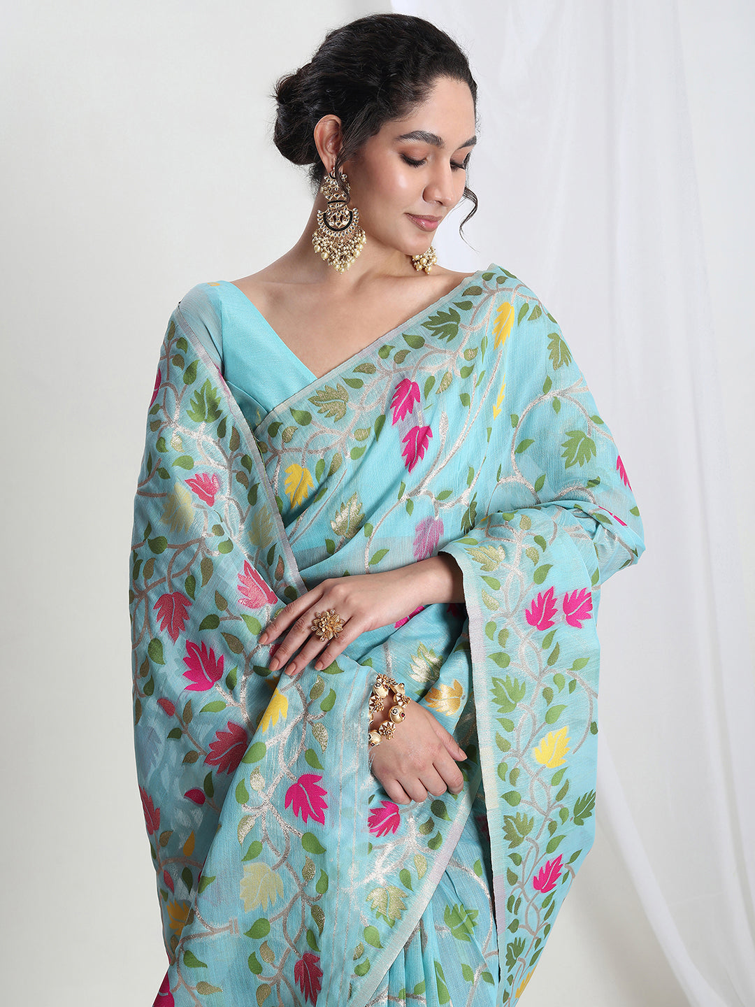 Janasya Sky Blue Silk Blend Floral Jacquard Saree - Distacart