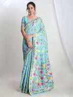 Janasya Sky Blue Silk Blend Floral Jacquard Saree - Distacart