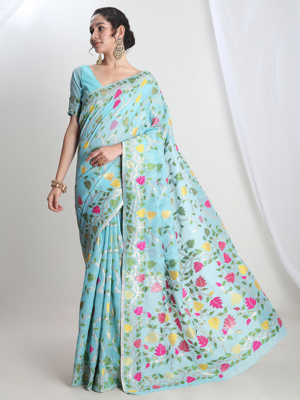 Janasya Sky Blue Silk Blend Floral Jacquard Saree - Distacart