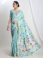 Janasya Sky Blue Silk Blend Floral Jacquard Saree - Distacart