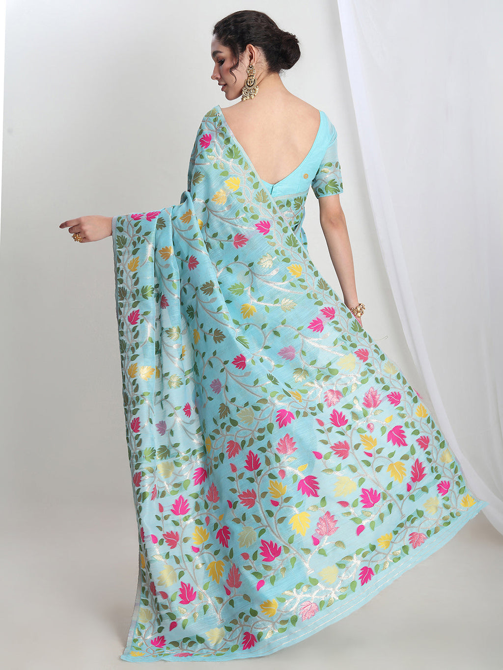 Janasya Sky Blue Silk Blend Floral Jacquard Saree - Distacart