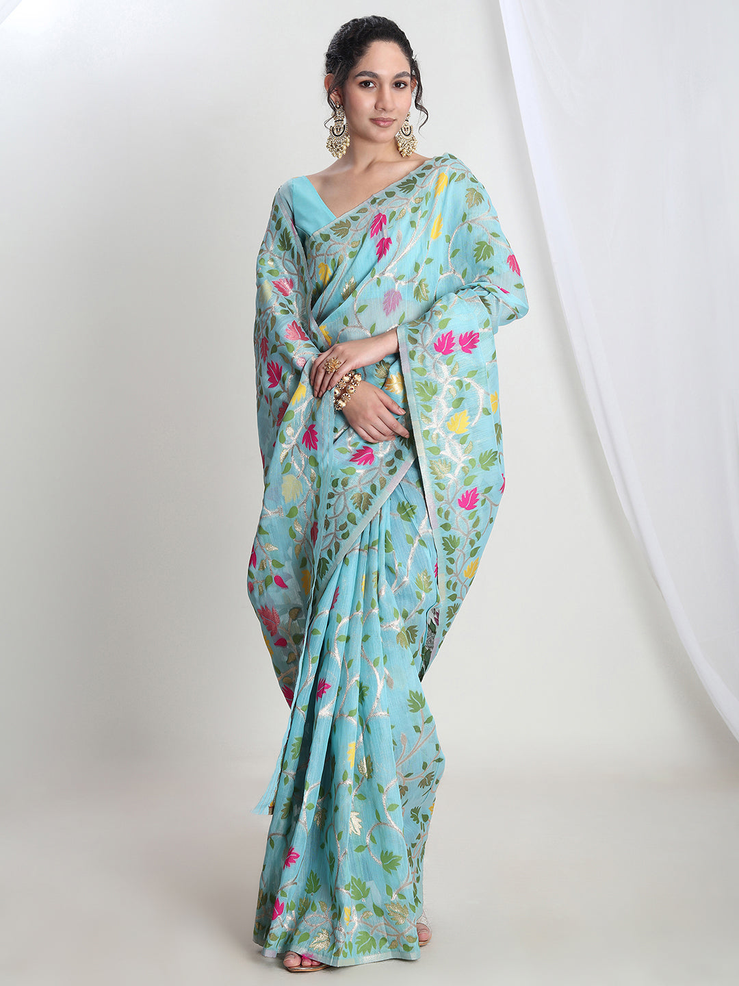 Janasya Sky Blue Silk Blend Floral Jacquard Saree - Distacart