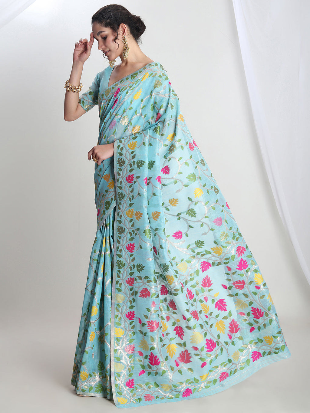 Janasya Sky Blue Silk Blend Floral Jacquard Saree - Distacart