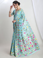 Janasya Sky Blue Silk Blend Floral Jacquard Saree - Distacart