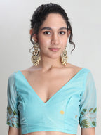 Janasya Sky Blue Silk Blend Floral Jacquard Saree - Distacart