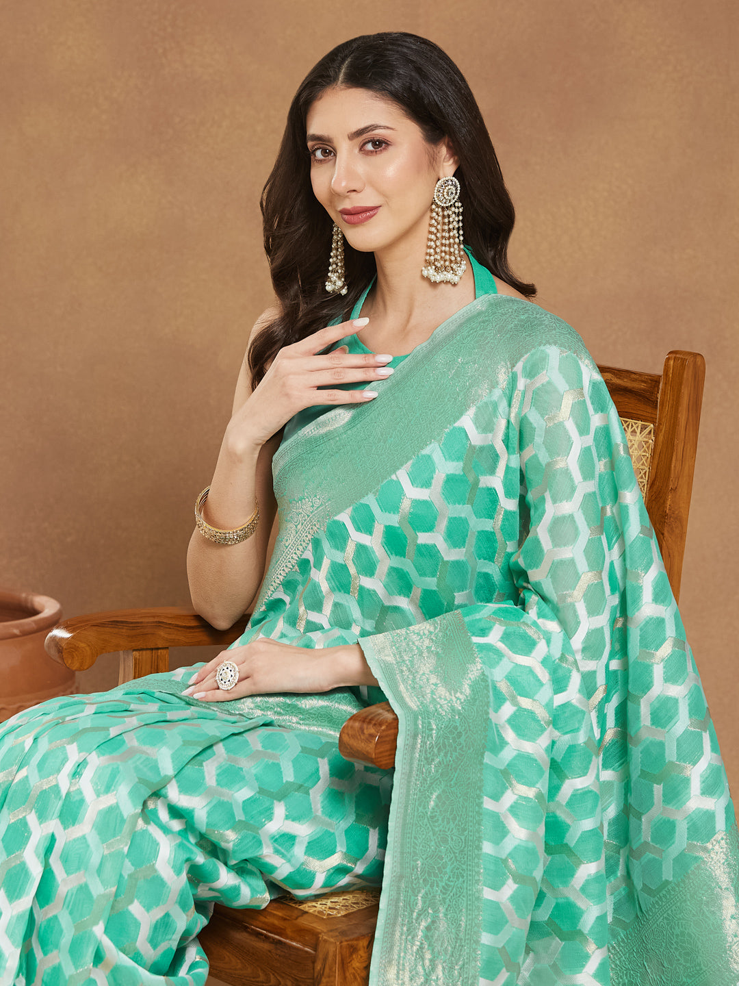 Janasya Sea Green Linen Blend Geometric Jacquard Saree - Distacart