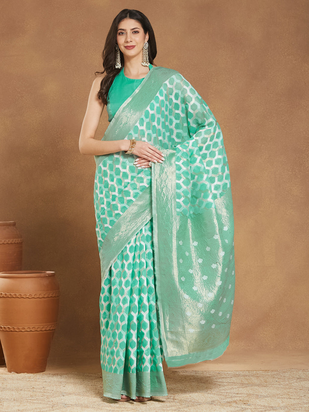 Janasya Sea Green Linen Blend Geometric Jacquard Saree - Distacart