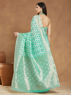 Janasya Sea Green Linen Blend Geometric Jacquard Saree - Distacart