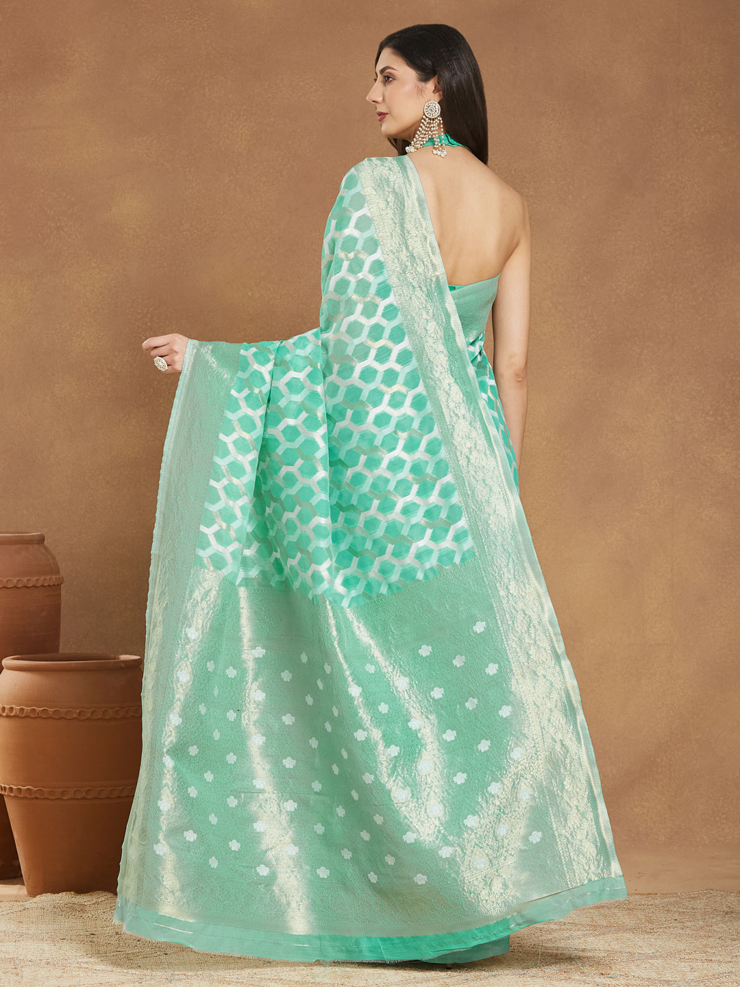 Janasya Sea Green Linen Blend Geometric Jacquard Saree - Distacart