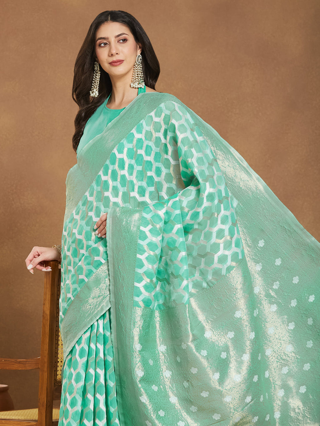 Janasya Sea Green Linen Blend Geometric Jacquard Saree - Distacart