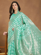 Janasya Sea Green Linen Blend Geometric Jacquard Saree - Distacart