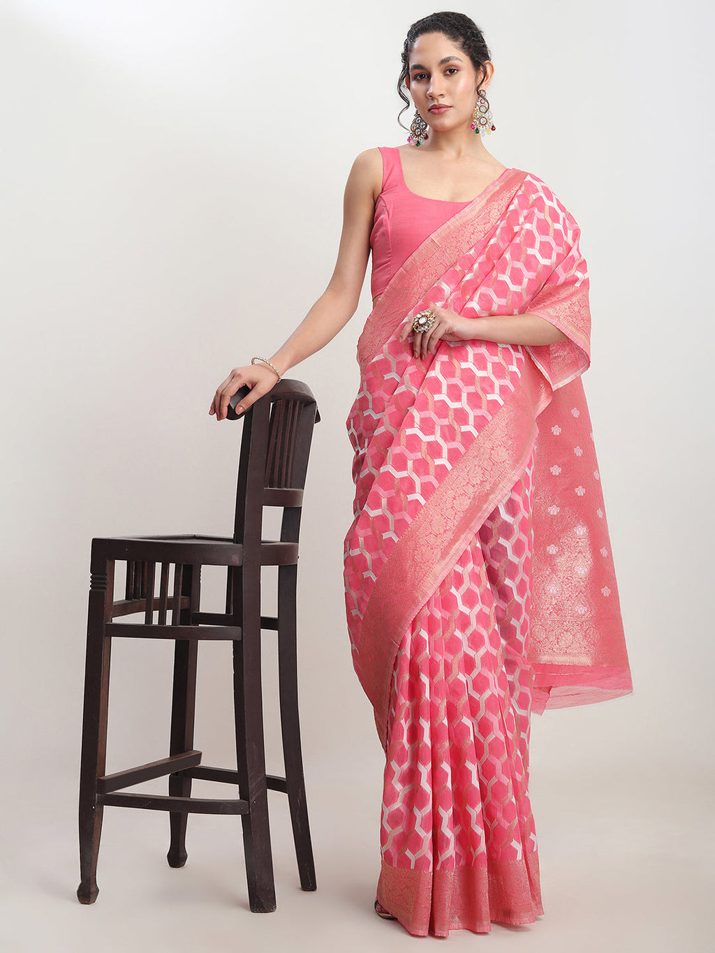 Janasya Peach Linen Blend Geometric Jacquard Saree - Distacart
