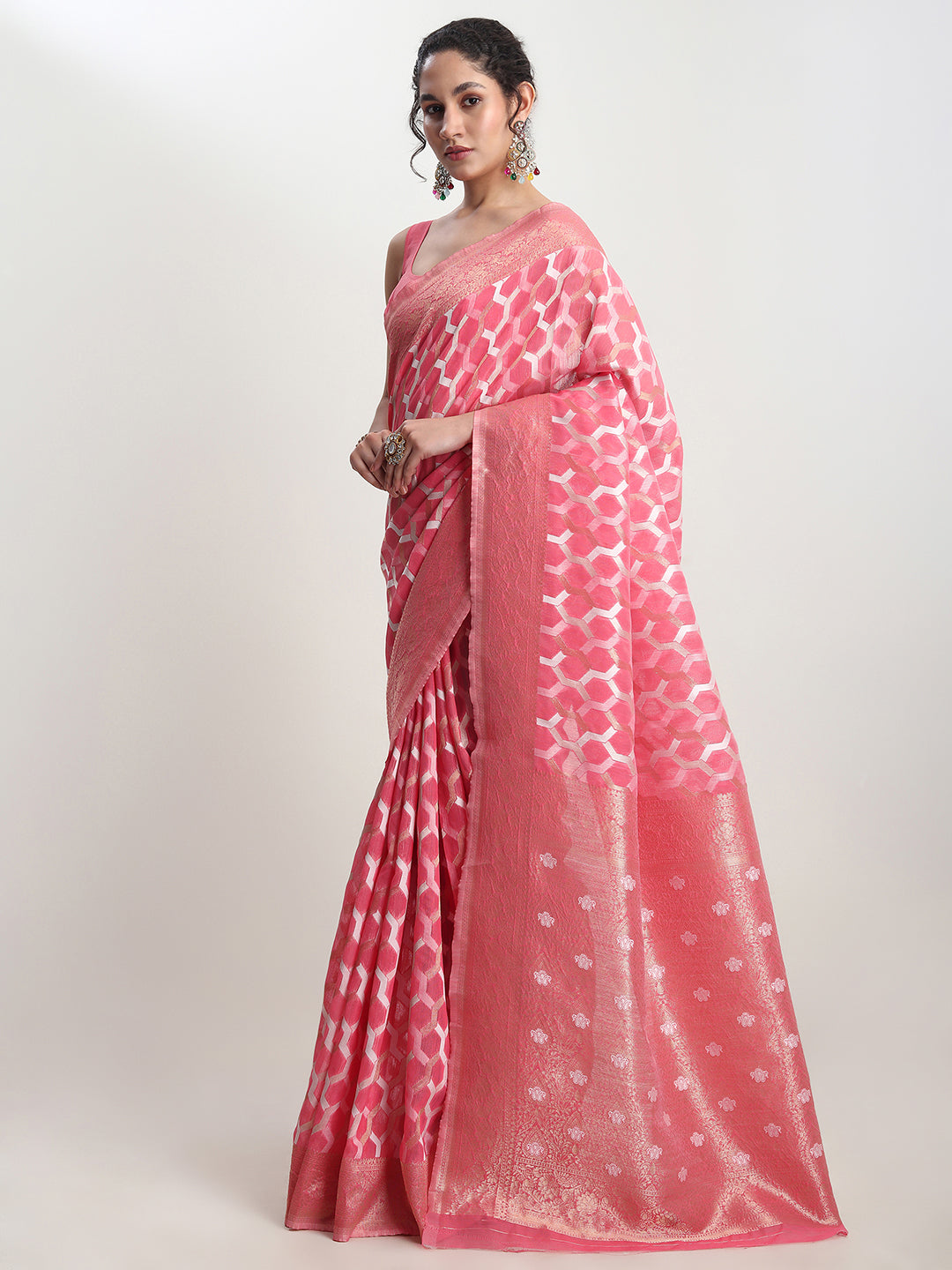Janasya Peach Linen Blend Geometric Jacquard Saree - Distacart