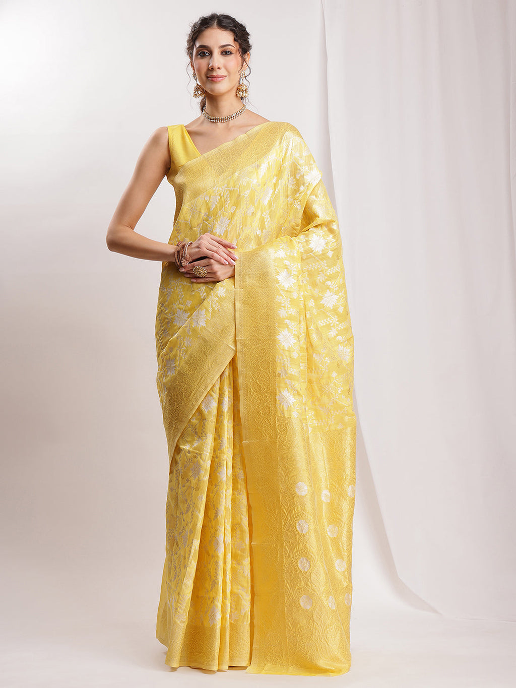 Janasya Yellow Linen Blend Geometric Jacquard Saree - Distacart