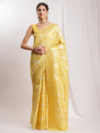 Janasya Yellow Linen Blend Geometric Jacquard Saree - Distacart